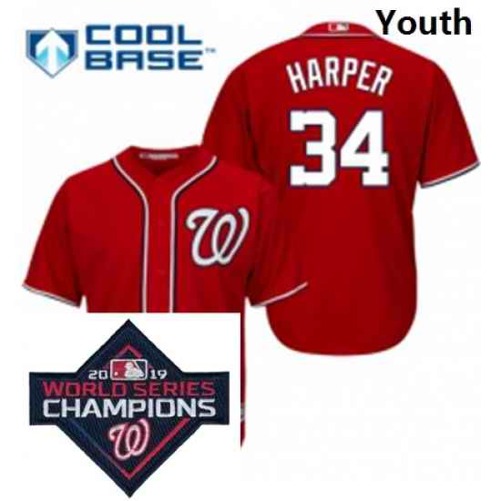 Youth Majestic Washington Nationals 34 Bryce Harper Red Alternate 1 Cool Base MLB Stitched 2019 World Series Champions Patch Jersey